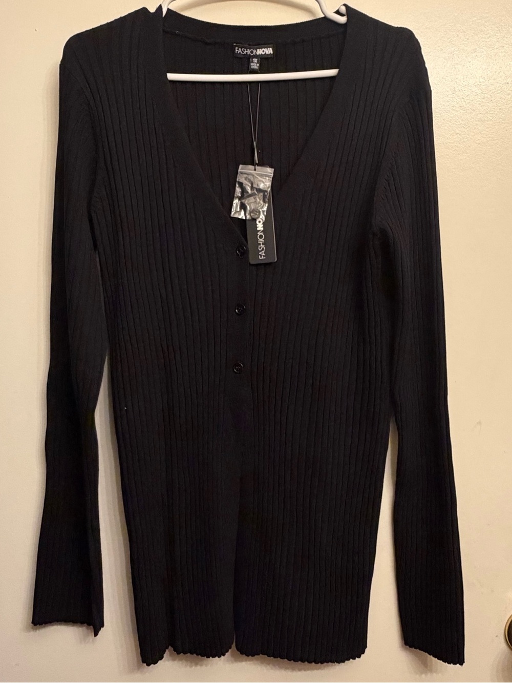 Fashion Nova Black Ribbed V-Neck Button-Up Cardigan Sweater